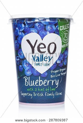 London, Uk - March 05, 2019: Yeo Valley Family Farm Proper Organic Bio Live Yogurt With Blueberry On