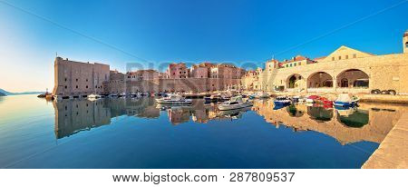 Dubrovnik Harbor And City Walls Morning Panoramic View, Dalmatia Region Of Croatia