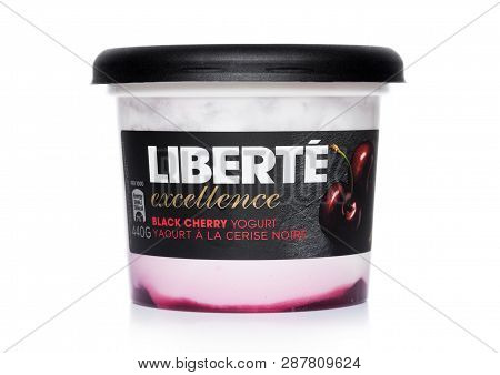 London, Uk - March 05, 2019: Liberte Excellence Black Cherry Yogurt On White