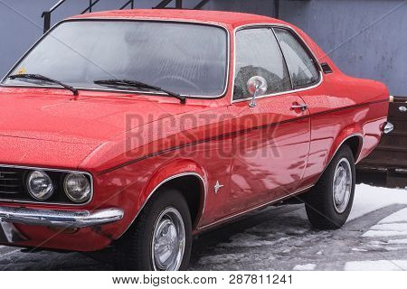 Velbert, Nrw, Germany - March 07, 2016:
Oldtimer, Red Opel Manta In A Public Parking In Velbert, Ger