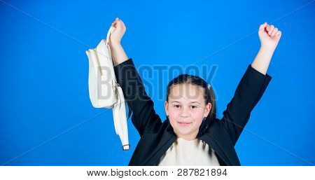 Shopping Happiness. Girl Child Enjoy Shopping. Little Girl Going Shopping With Daypack Bag. Cute Chi