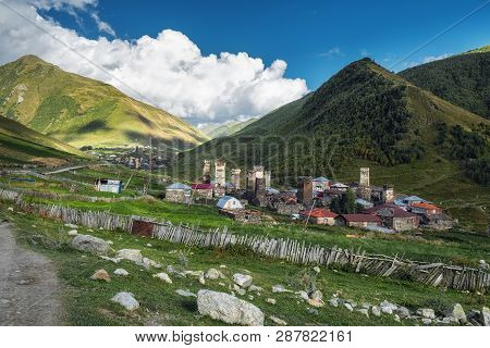Old Authentic Village With Famous Svan Towers In Georgian Mountains