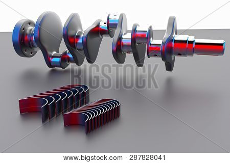3d Rendering. Crankshaft For 6v Cylinders Engine. Truck Crankshaft On Multicolored Background. Engin