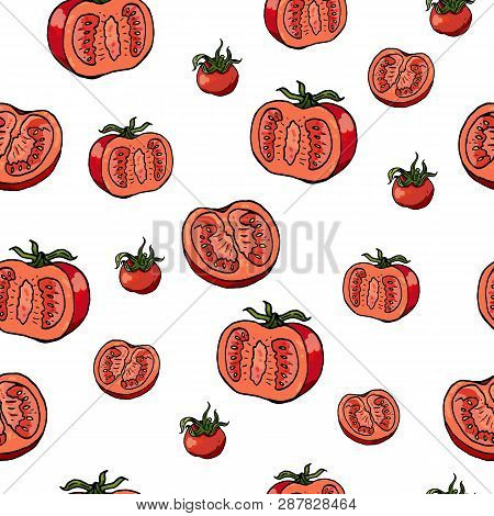 Seamless Pattern With Vegetables On White Background. Tomatoes, Slices Of Tomato