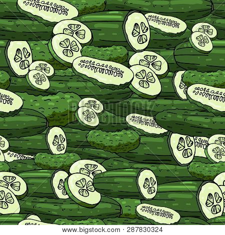Seamless Pattern With Cucumbers And Cucumber Slices. Endless Pattern With Vegetables