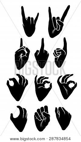 Cartoon Graphic Black Silhouette Human Hands. Showing Rock And Roll, Okay, Forefinger And Knuckle Ge