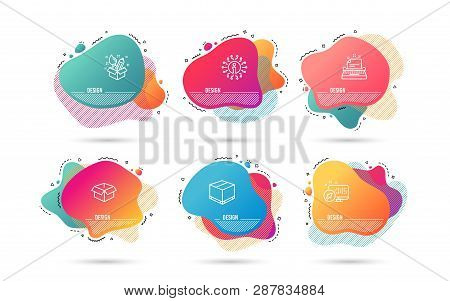 Dynamic Liquid Shapes. Set Of Opened Box, Delivery Box And Creativity Icons. Typewriter Sign. Shippi