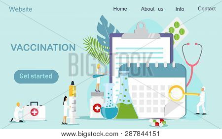Time To Vaccinate. Vector Illustration Syringe With Vaccine, Bottle, Vaccination Calendar And Doctor