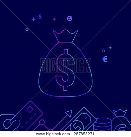 Bag With Money Vector Line Illustration. Money Related Gradient Icon, Symbol, Pictogram, Sign. Dark 