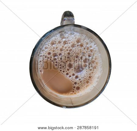 Top View Of Milk Tea Or Teh Tarik In Malaysia Isolated On White Background.