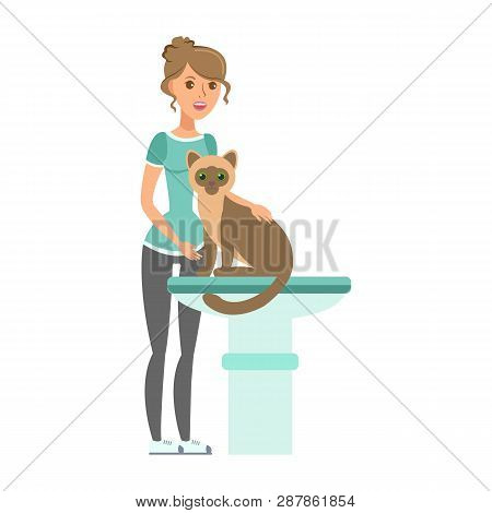 Woman With Cat In Vet Clinic Flat Illustration. Smiling Girl With Siamese On Examining Table Wait Ve