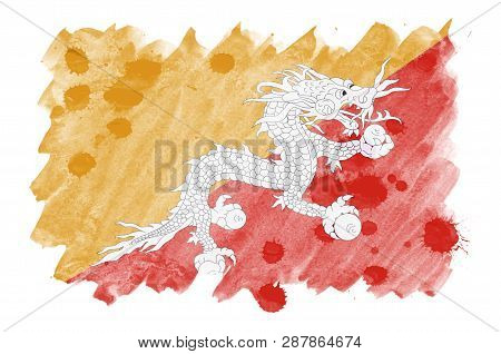 Bhutan Flag  Is Depicted In Liquid Watercolor Style Isolated On White Background