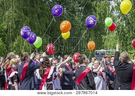 Russia, Bor, May 2016 . Graduates Of Schools At The Festive Procession.