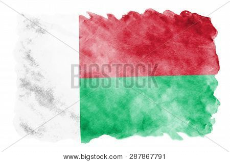 Madagascar Flag  Is Depicted In Liquid Watercolor Style Isolated On White Background