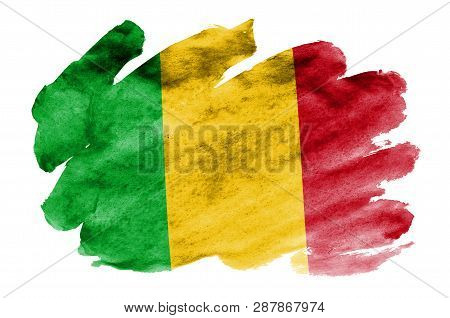 Mali Flag  Is Depicted In Liquid Watercolor Style Isolated On White Background