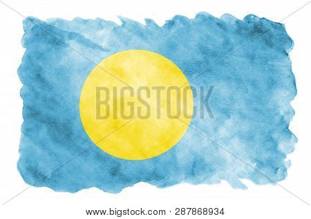 Palau Flag  Is Depicted In Liquid Watercolor Style Isolated On White Background