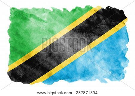 Tanzania Flag  Is Depicted In Liquid Watercolor Style Isolated On White Background