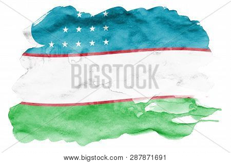 Uzbekistan Flag  Is Depicted In Liquid Watercolor Style Isolated On White Background