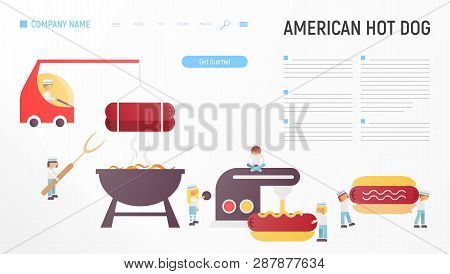 American Hot Dog Web Page Template For Restaurant Fast Food. Vector Illustration. Hotdog With Mustar