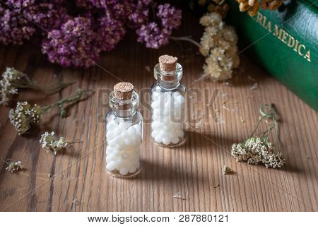 Bottles Of Homeopathic Globules With Dried Herbs And A Materia Medica, I.e. A List Of Remedies And T