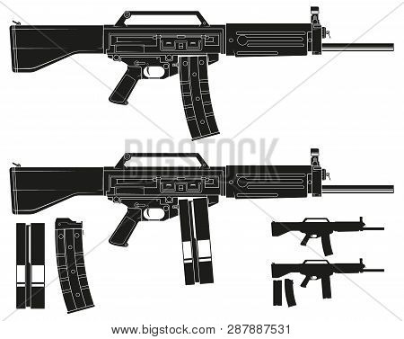 Graphic Black And White Detailed Silhouette Modern Automatic Galil Rifle With Ammo Clip. Isolated On