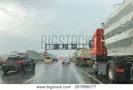 Heavy Rain On German Autobahn, Mobile Phone Shot