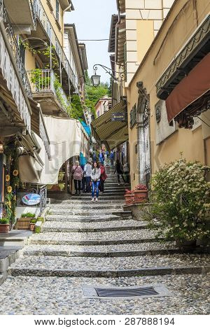 Bellagio, Italy - May 14, 2018: This Is One Of The Street-stairs Of The Steep Slopes Of The Resort T