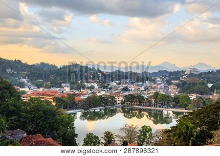 Srilankan Kandy City Panorama With Lake In The Foreground, Central Province, Sri Lanka