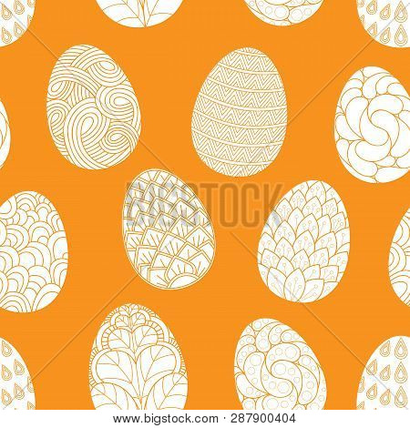 Seamless Pattern With Hand Drawn Easter Eggs Doodles, For Coloring Books. Easter Eggs With Geometric