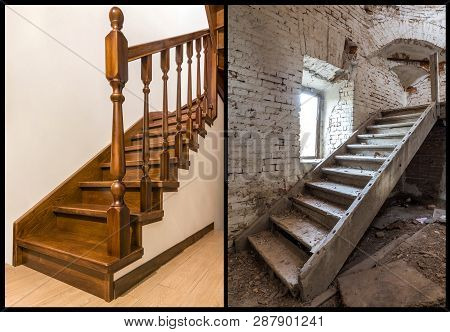 Comparison Of Modern Brown Wooden Oak Staircase With Carved Railing In New Renovated Apartment Inter