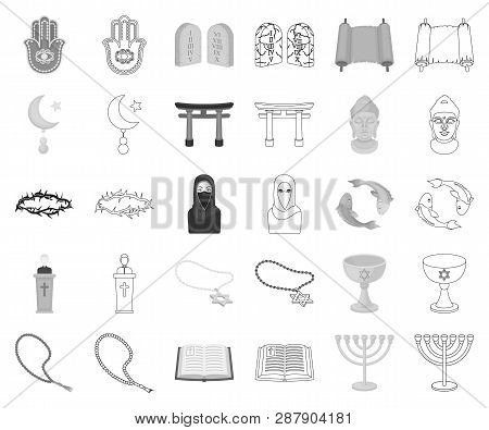 Religion And Belief Monochrome, Outline Icons In Set Collection For Design. Accessories, Prayer Vect