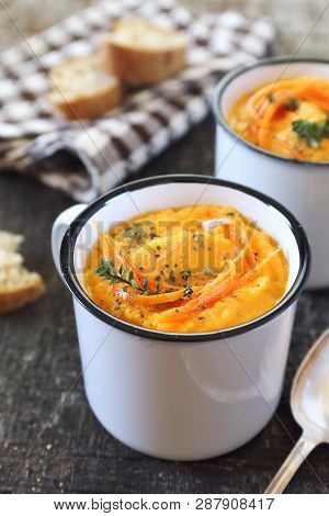 Vegetable Carrot Soup And Bread, Two Portions. Rustic Style