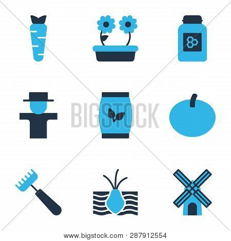 Gardening Icons Colored Set With Pitchfork, Carrot, Plant Seed And Other Bugaboo Elements. Isolated 