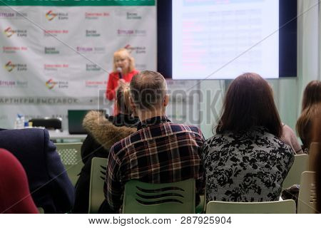 Moscow, Russia - March, 2, 2019: image of people sitting at a conference
