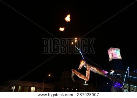 2/25/2019 Las Vegas, Nevada: Fire Breathing Music Playing Dancing Praying Mantis Sculpture on Freemont Street in Las Vegas Nevada. 