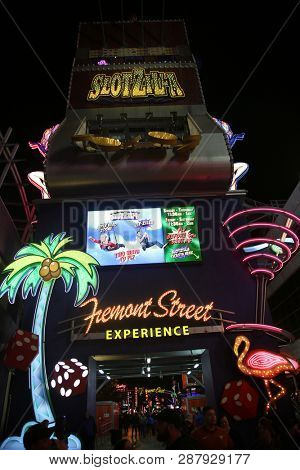 2/25/2019 Las Vegas, Nevada: Freemont Street Experience, including Neon Signs, Casinos, Zip Lines, Gambling, Slot Machines, Card Games, Tourist, Entertainers, and more. Las Vegas Nevada Night Life. 