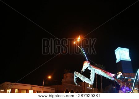 2/25/2019 Las Vegas, Nevada: Fire Breathing Music Playing Dancing Praying Mantis Sculpture on Freemont Street in Las Vegas Nevada. 
