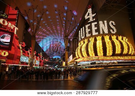 2/25/2019 Las Vegas, Nevada: Freemont Street Experience, including Neon Signs, Casinos, Zip Lines, Gambling, Slot Machines, Card Games, Tourist, Entertainers, and more. Las Vegas Nevada Night Life. 

