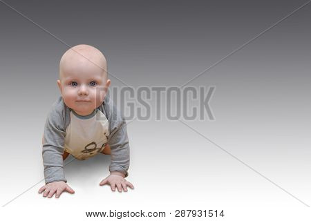 Beautiful Cute Happy Caucasian Baby Infant Sitting Or Crowling,  Isolated