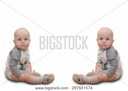 Beautiful Cute Happy Caucasian Baby Twins  Infant Sitting Or Crowling,  Isolated