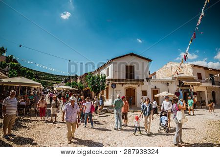 Pano Lefkara, Cyprus - May10, 2016: Tourists Walks Through A Village.