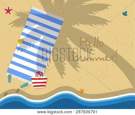 Hello Summer Square Banner. Top View Of Exotic Empty Beach With Towel, Bag, Slippers And Foot Prints