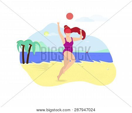 Young Beautiful Girl With Long Ginger Hair Playing With Ball On Beach. Woman In Purple Swimsuit Jump