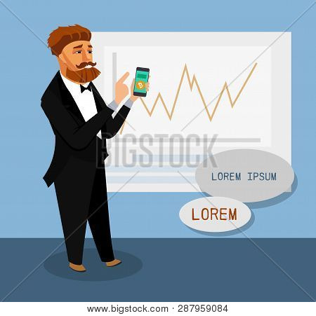 Businessman With Smartphone Vector Poster Template. Trader, Broker, Investor Showing App On Screen. 