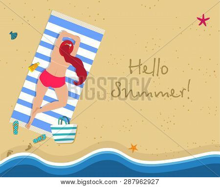 Hello Summer Square Banner. Top View Of Young Sunburnt Woman With Long Ginger Hair Lying Topless On 