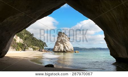 Morning View Of Cathedral Cove In New Zealand
