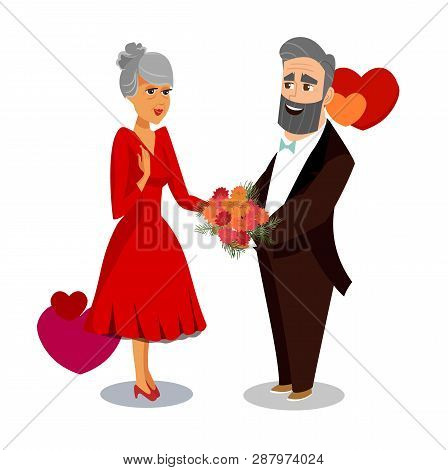 Husband Giving Flowers To Wife Cartoon Drawing. Grandfather Greeting Grandmother Vector Illustration