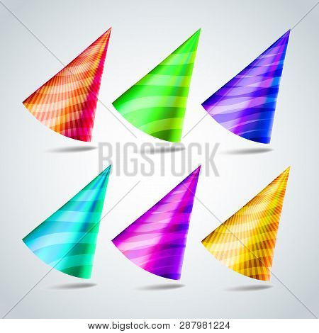 Party Hats Set Vector. Birthday Party Event Elements Decoration. Christmas, Anniversary. Colored Cap