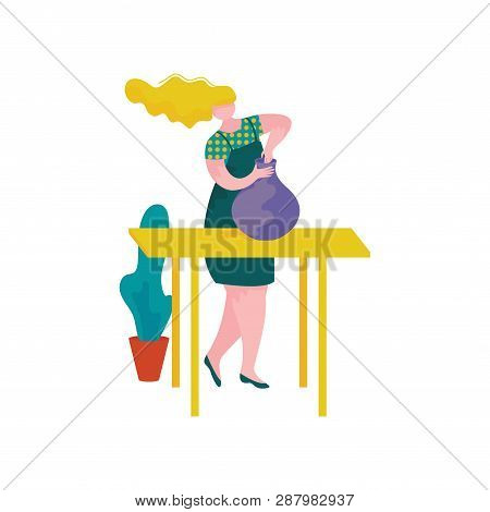 Young Woman Ceramists Making Ceramic Pot At Pottery Workshop, Craft Hobby Or Profession Vector Illus