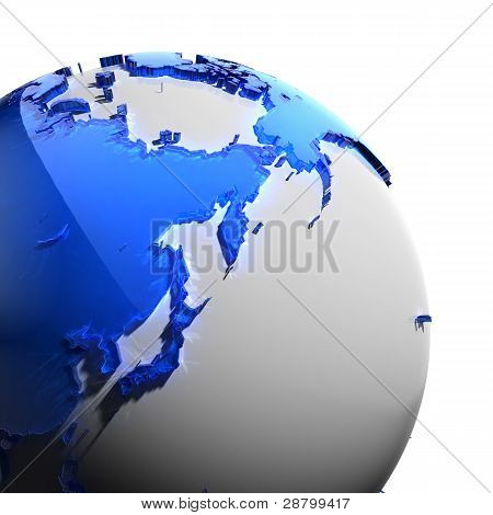A fragment of the Earth with continents of blue glass